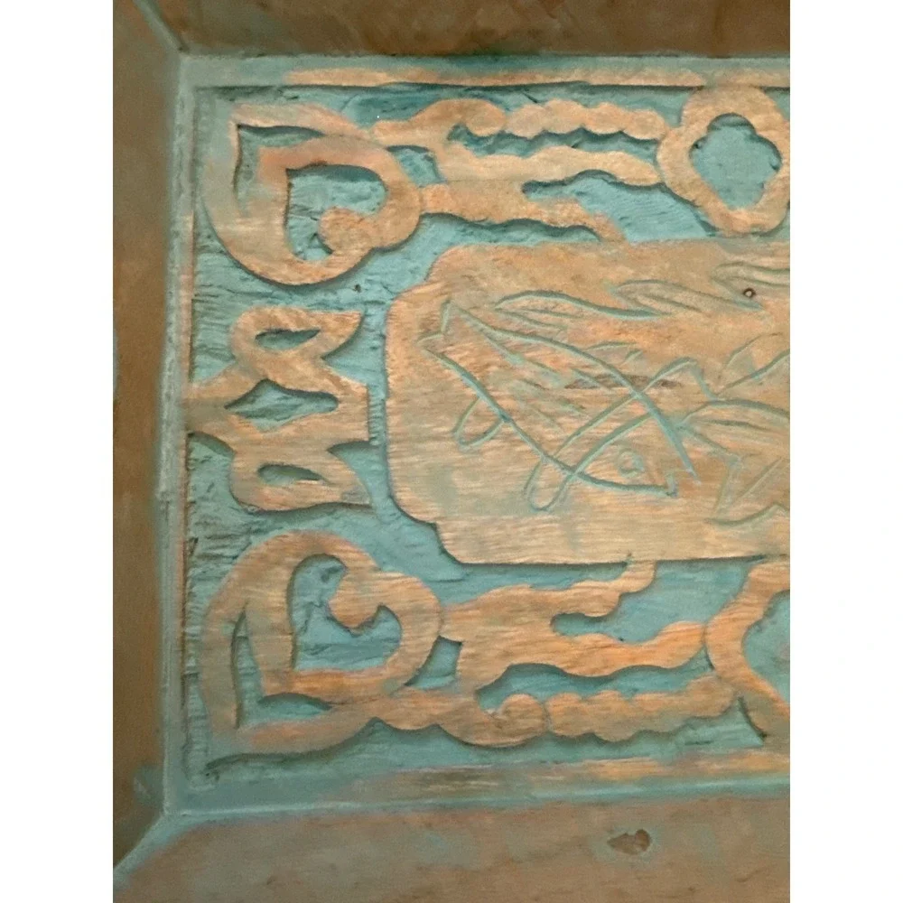 Hand Carved Wooden Nesting Tray Set Distressed Teal Blue‎ Rustic Decorative 2pc